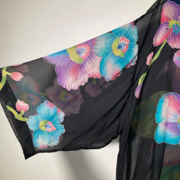 Womens Drapers & Damons Silk Floral Kimono Cover Black Multicolored 1X - Picture 3 of 7